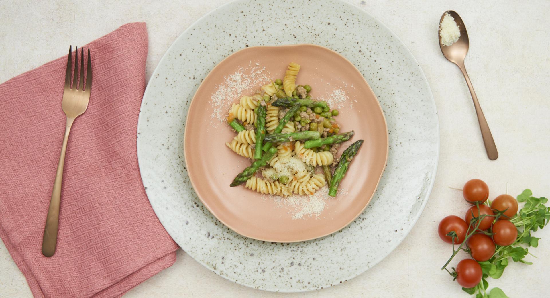 Fusilli with salsiccia, asparagus and peas