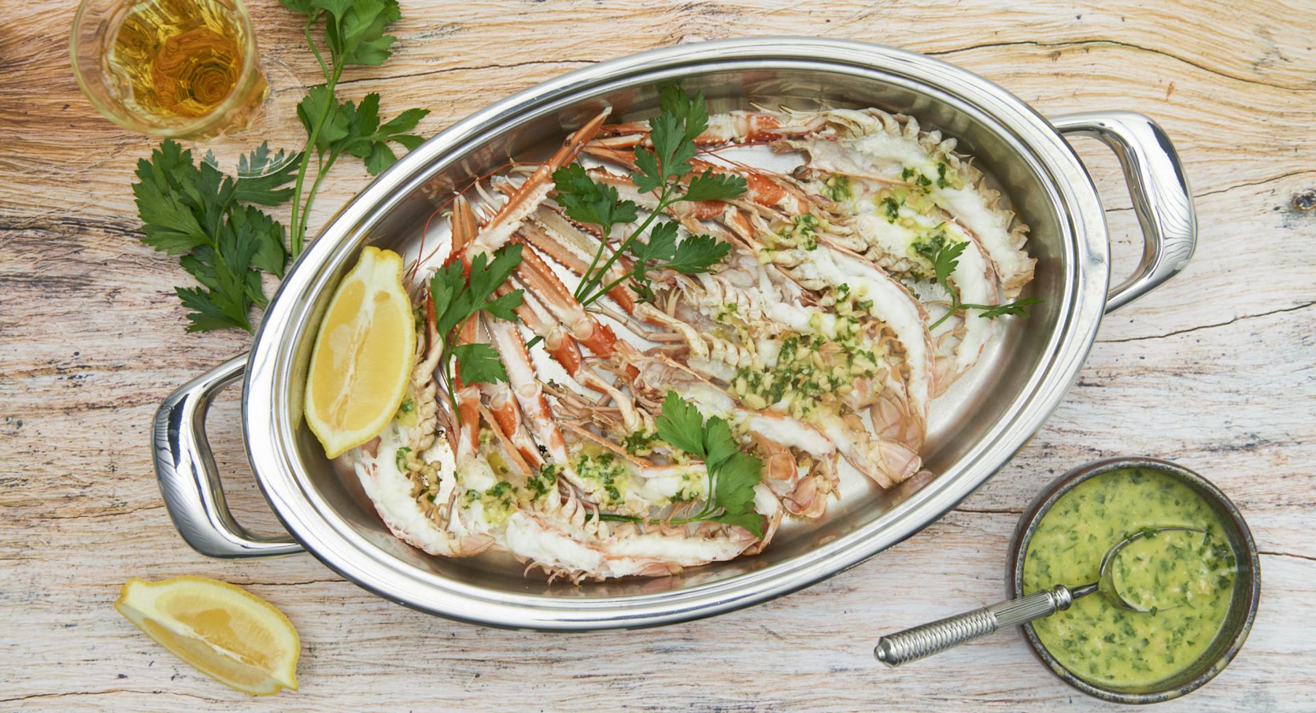 Langoustines with garlic parsley oil