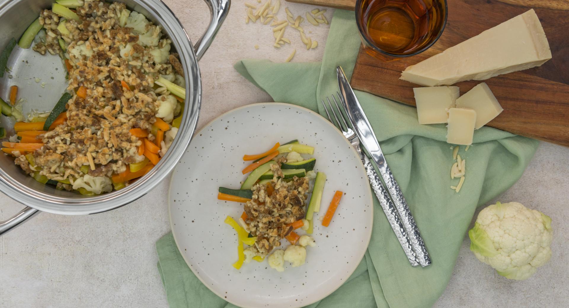 Garden vegetables with crispy cheese crust 