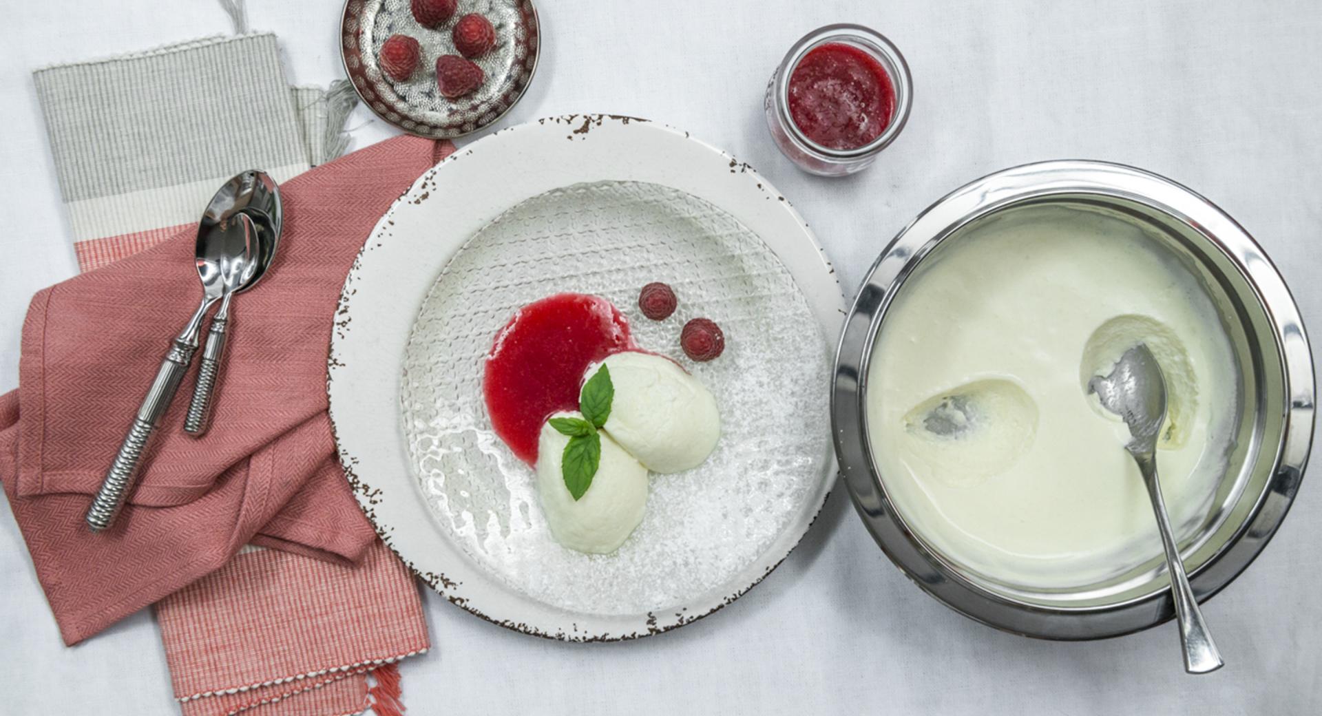 Elderflower and buttermilk dessert with raspberry puree