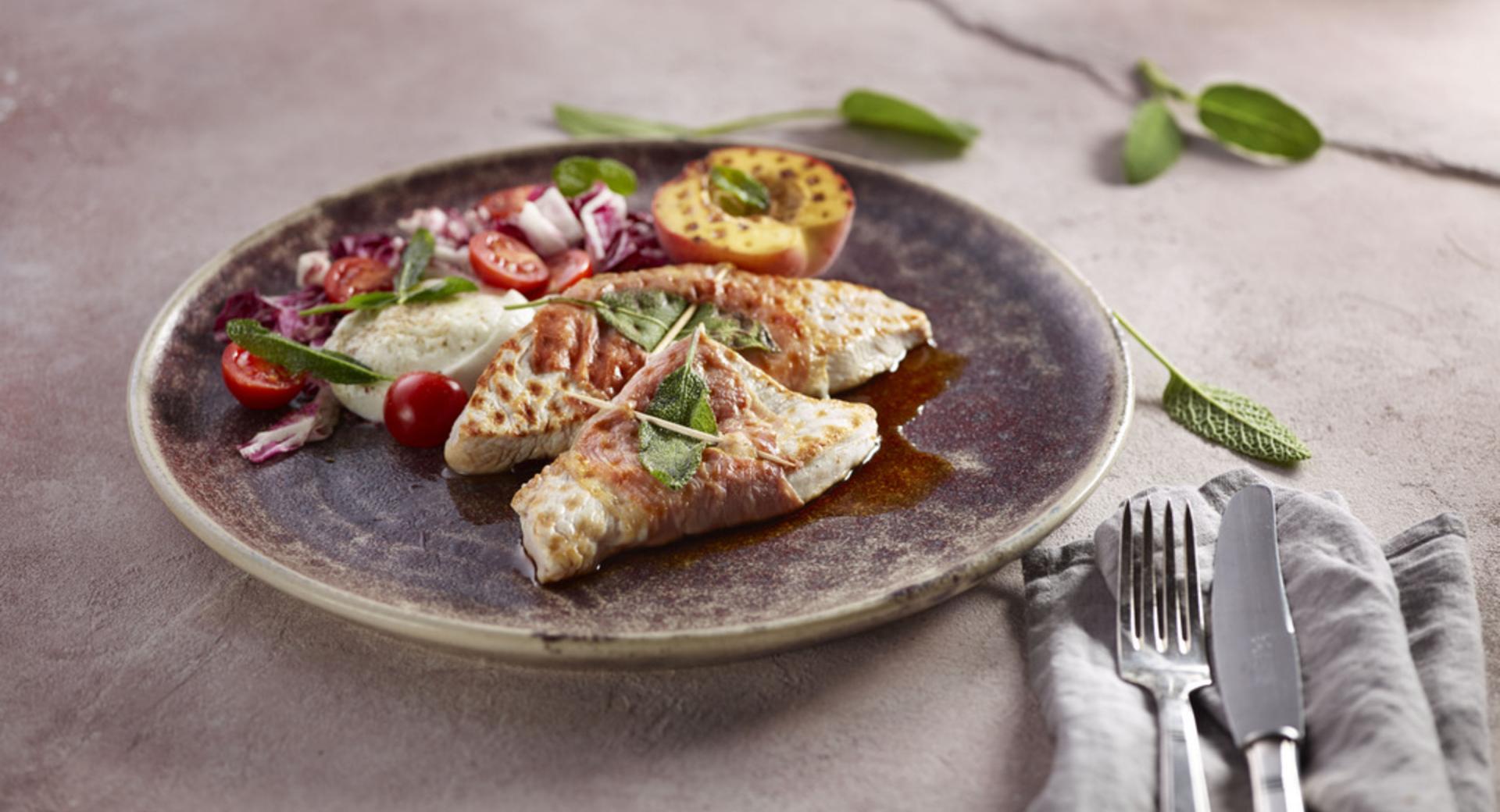 Turkey saltimbocca with grilled peaches