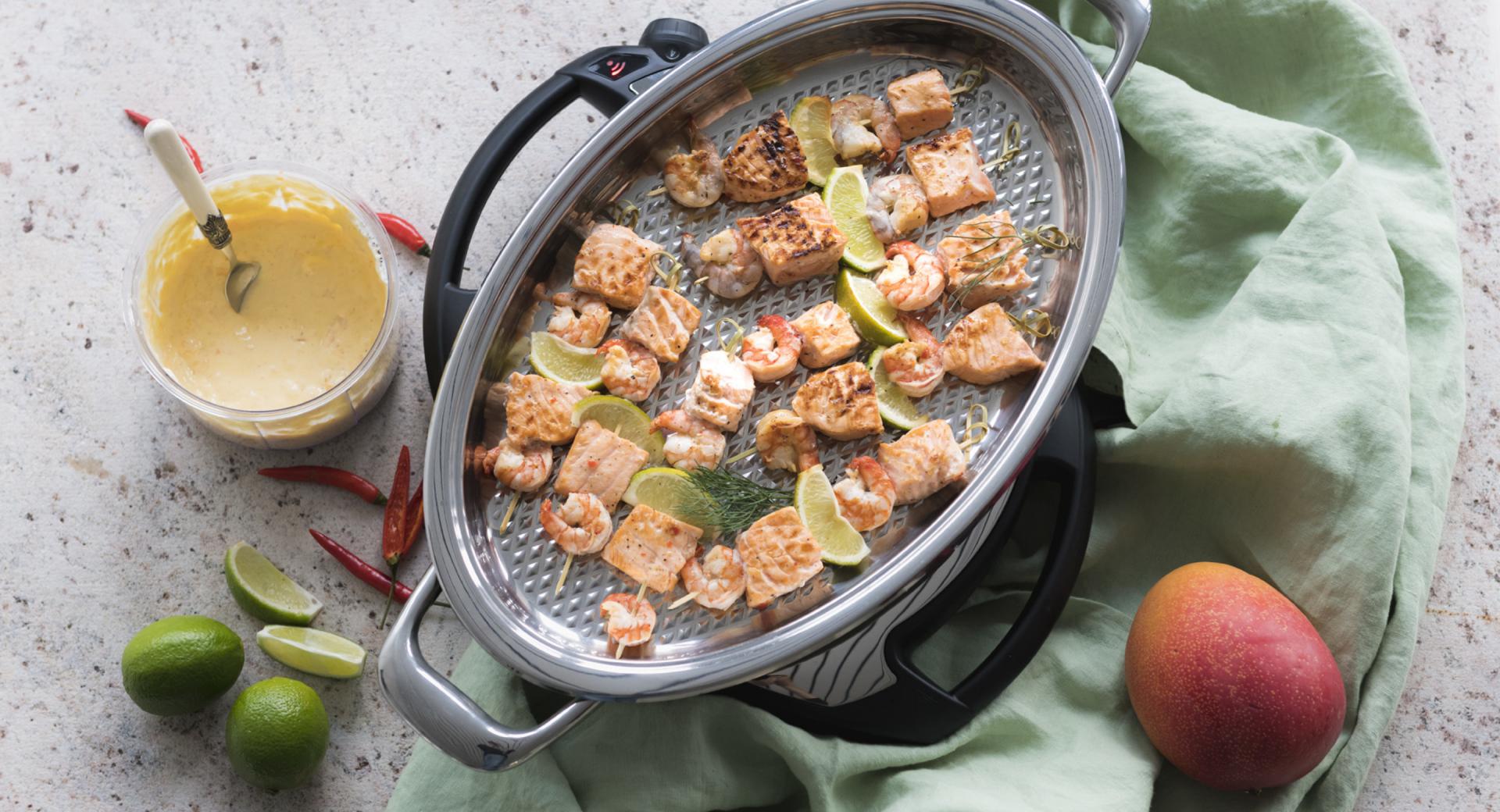 Salmon and shrimp skewers in a lime marinade