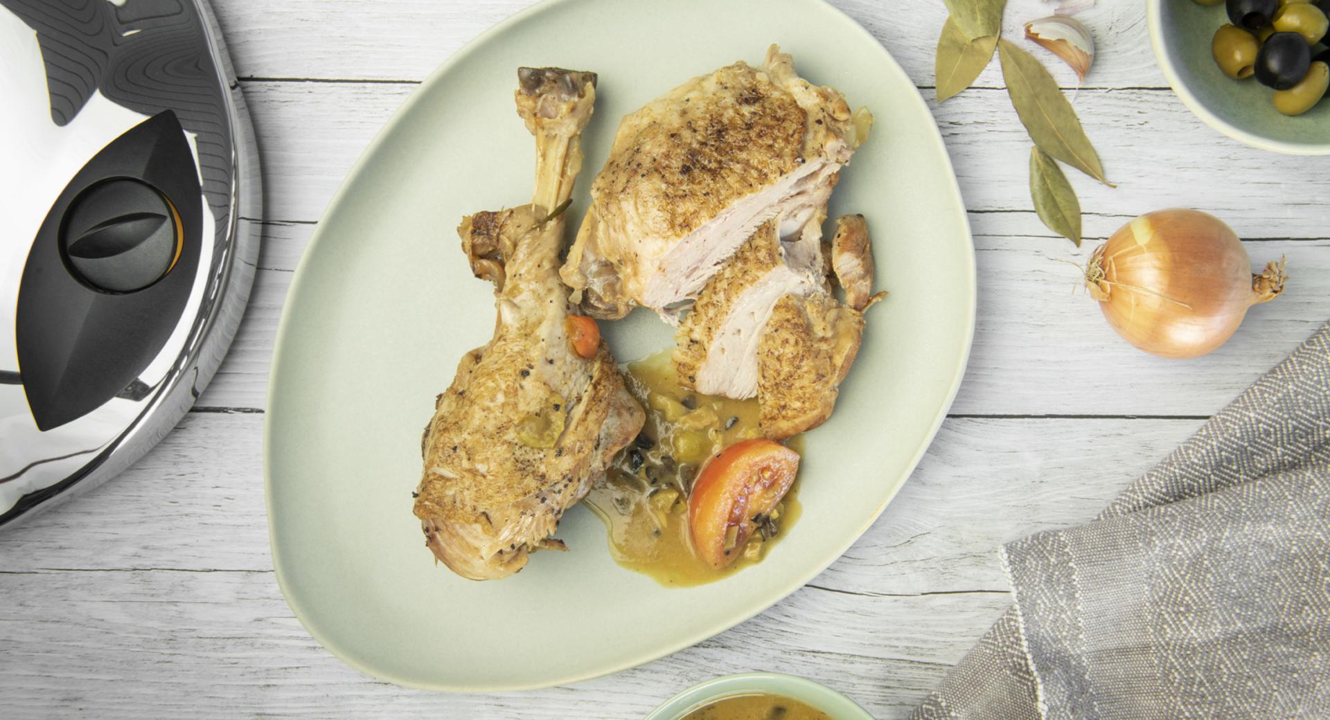 Turkey drumstick with olive sauce