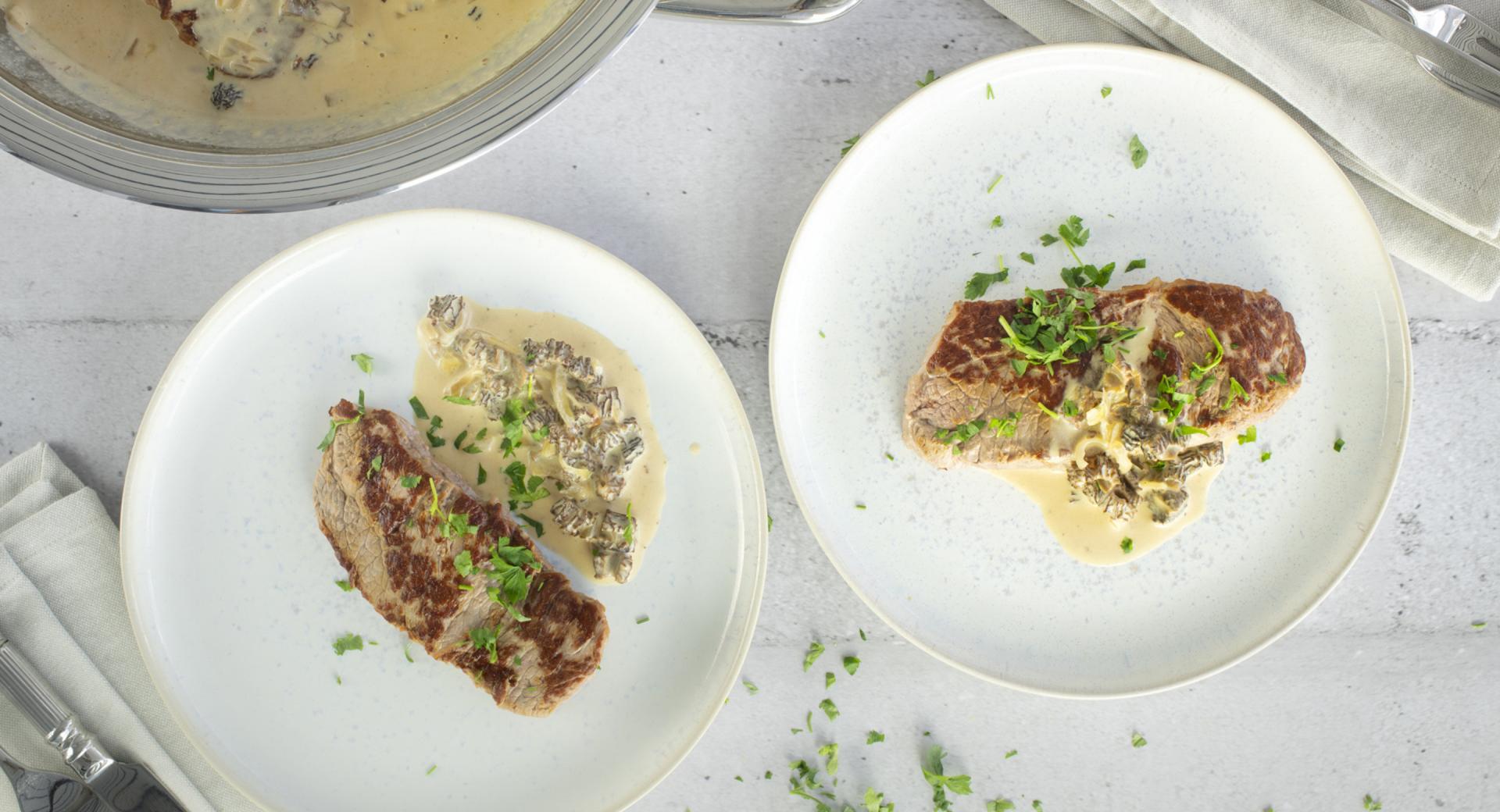 Veal steak with morel cream sauce