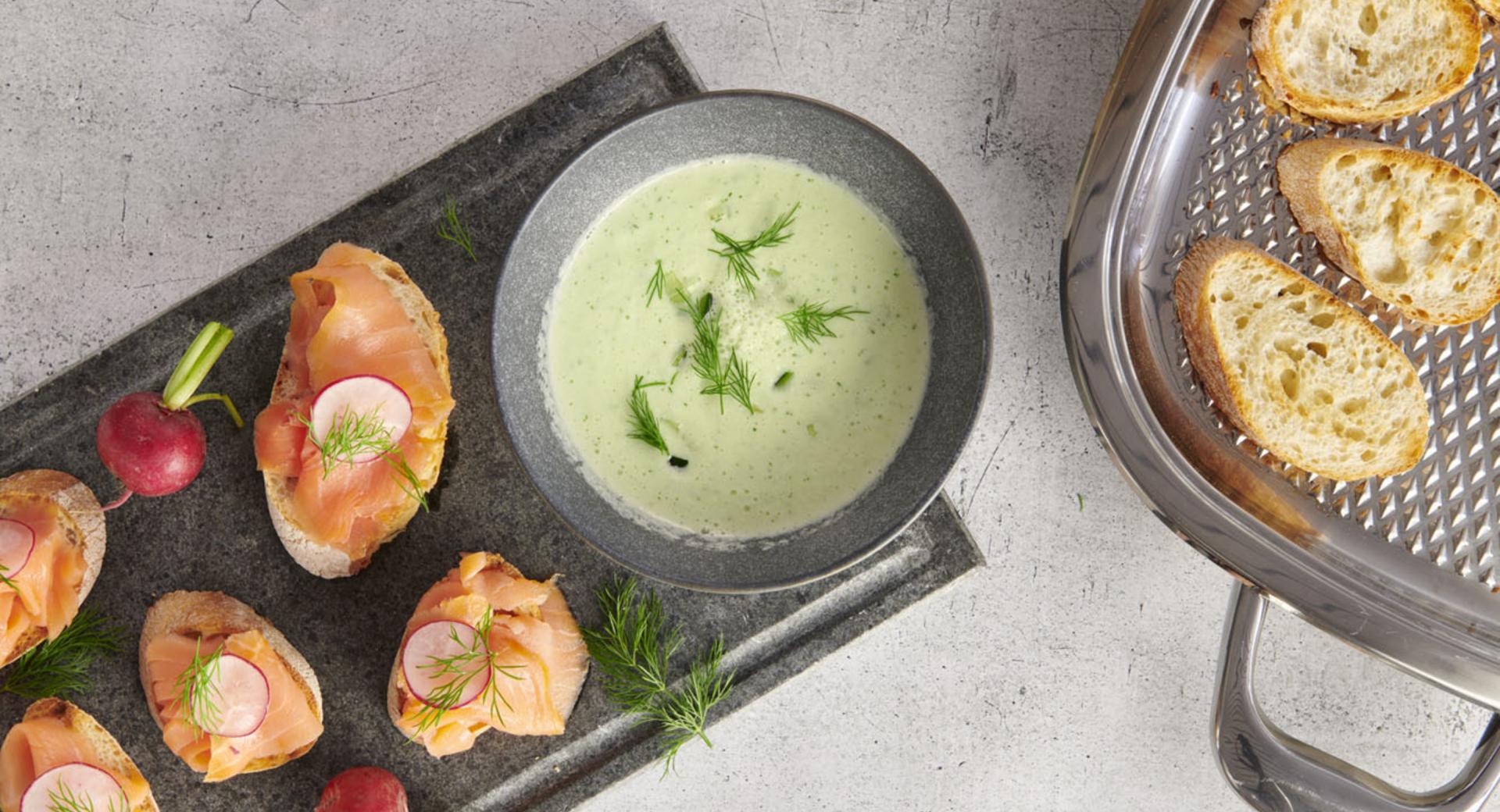 Cold cucumber soup with salmon crostini