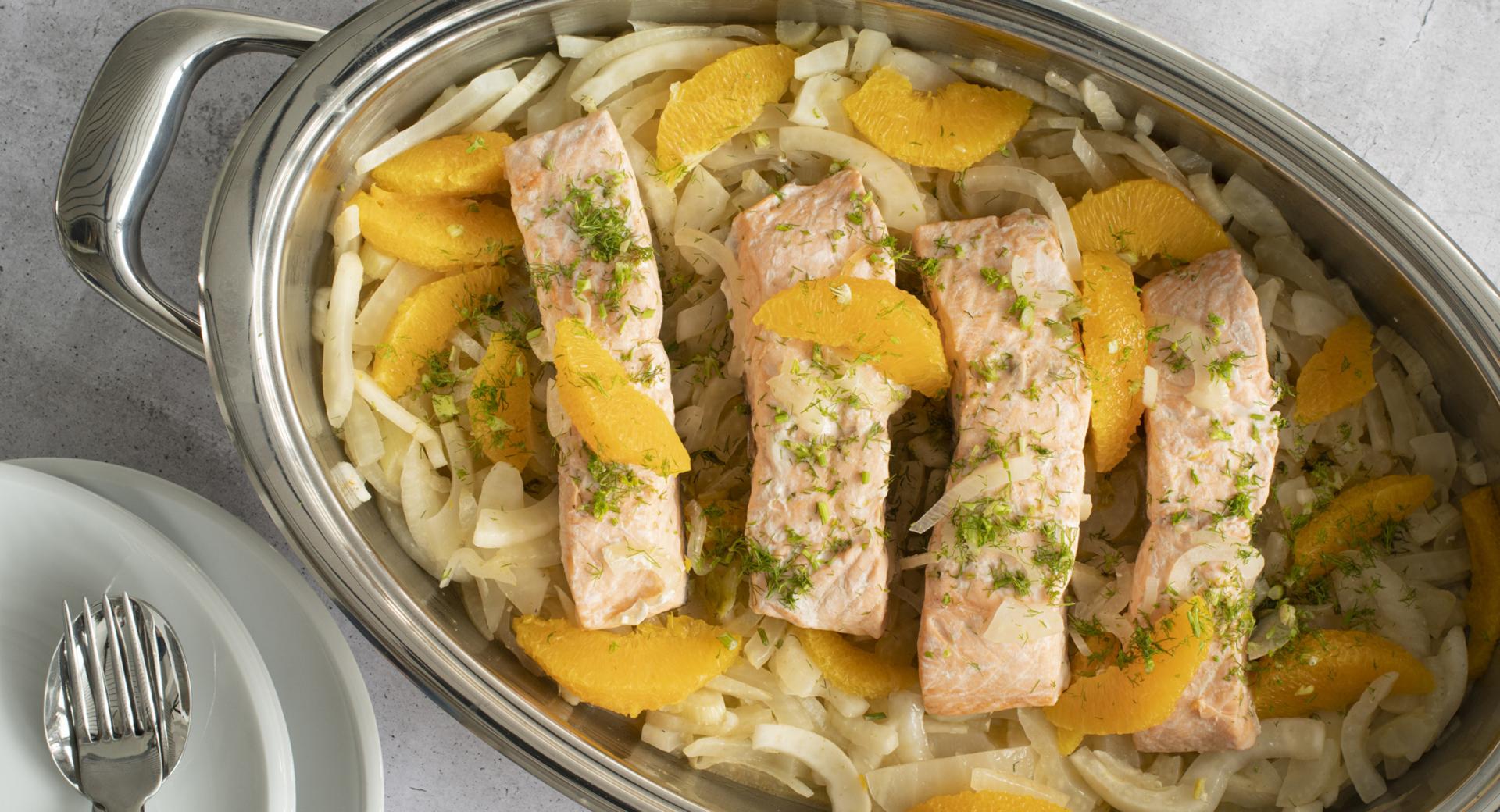 Salmon fillet on orange and fennel vegetables