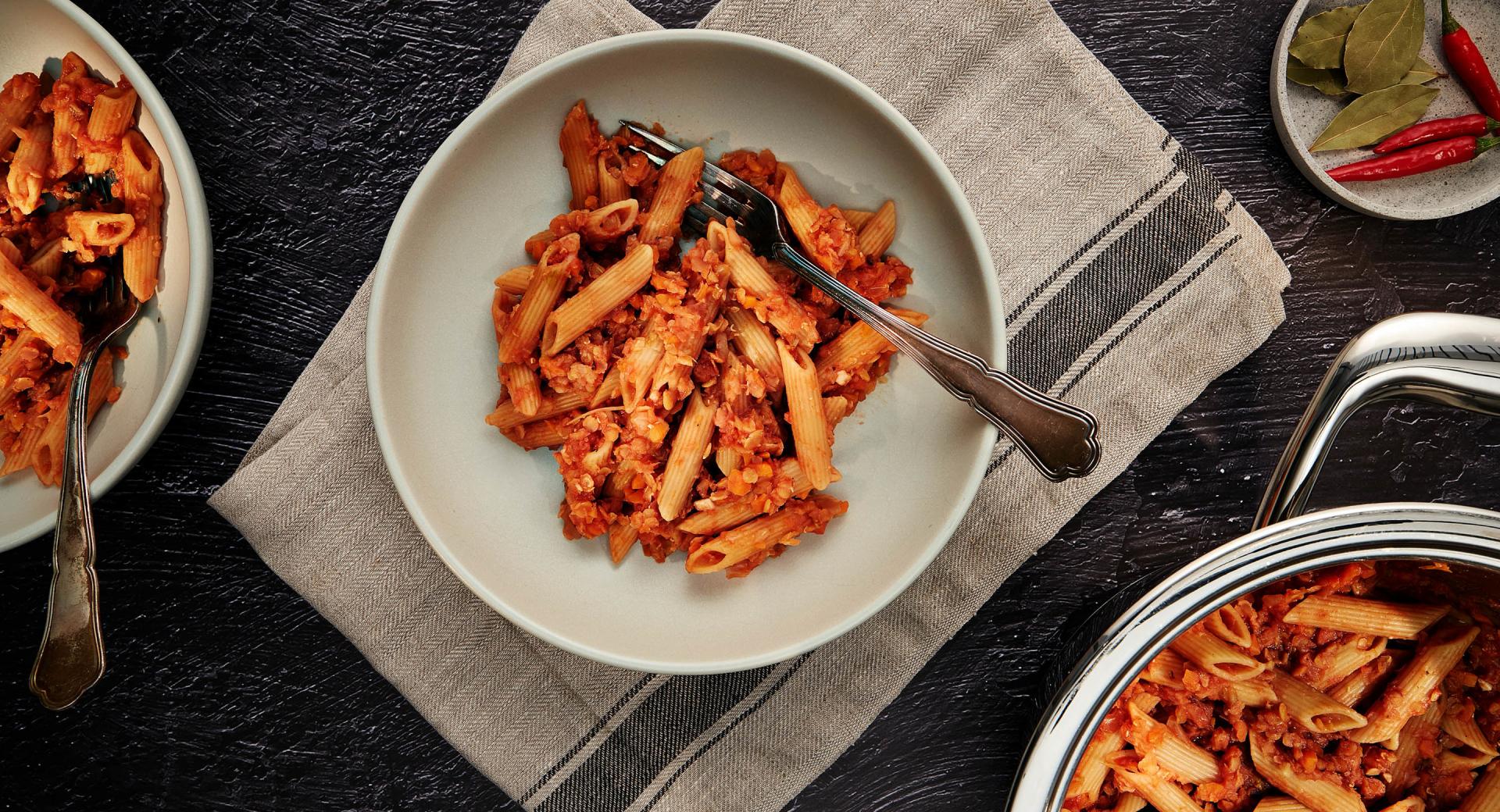 Penne with lentil Bolognese