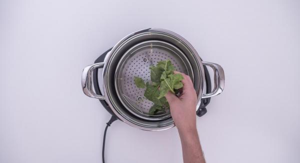 Pour the water (approx. 150 ml) into the pot and add the spinach. Cover the pot with the lid and place it on Navigenio. Set Navigenio to  "A". Switch on Audiotherm, enter approx. 5 minutes cooking time, fit it on Visiotherm and turn until the steam symbol appears.