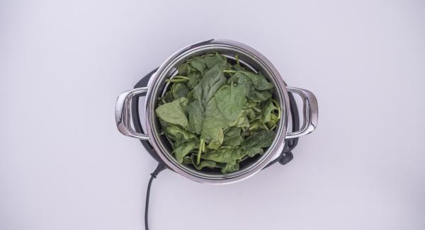 Pour the water (approx. 150 ml) into the pot and add the spinach. Cover the pot with the lid and place it on Navigenio. Set Navigenio to  "A". Switch on Audiotherm, enter approx. 5 minutes cooking time, fit it on Visiotherm and turn until the steam symbol appears.