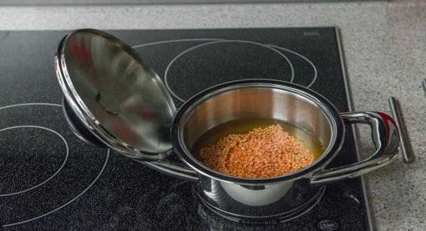 Put the broth and lentils in a pot. Place on stove and set it at highest level. Switch on Audiotherm, enter approx. 3 minutes cooking time in the Audiotherm, fit it on Visiotherm and turn it until the vegetable symbol appears.