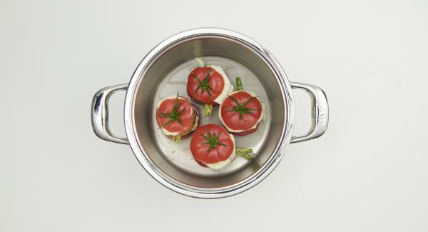 To serve, brush the pesto on the plate and a turret of vegetables on top. Finally, place the tomatoes on top and serve warm.