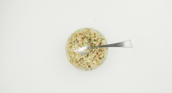 Peel onion and add to Quick Cut with dates, almonds and coriander and chop. Add in the rice. Fill the trout with the mixture, put the rest around it and place in the sieve insert.