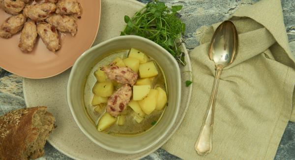 Serve the potato and herb stew with the bacon dumplings.
