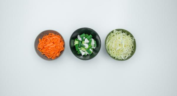 Clean cabbage, peel carrots and grate both finely. Clean the spring onions and cut them into 1 cm long pieces. Cut soaked mushrooms into small pieces.