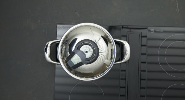 Place cut vegetables dripping wet in pot, place on hob, set it at highest level. Switch on Audiotherm, enter approx. 8 minutes cooking time in the Audiotherm, fit it on Visiotherm and turn it until the vegetable symbol appears. As soon as the Audiotherm beeps on reaching the vegetable window, set at low level and cook until done.