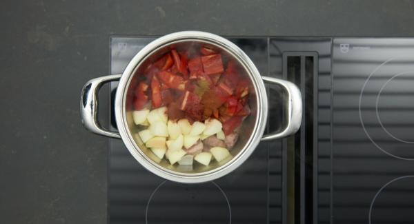 Add onions, vegetables, tomato paste and both paprika powder. Season with salt, pepper and caraway. Seal pot with Secuquick softline.