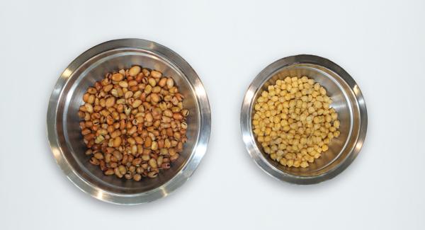 Drain fava beans and chickpeas from water.