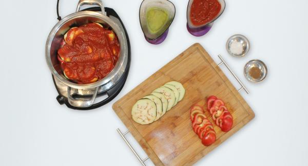 Layer half quantity of the tomato slices inside the pot, then half of the eggplant slices. Season with salt and pepper, then add half of the tomato sauce.