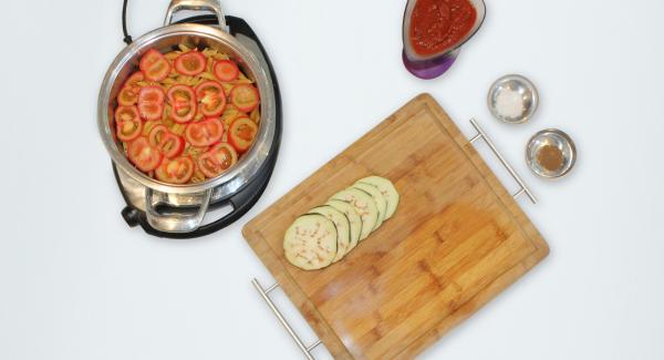 Layer the rest of the tomato slices, then the eggplant slices. Season with salt and pepper. Add the remaining pizza tomato sauce.