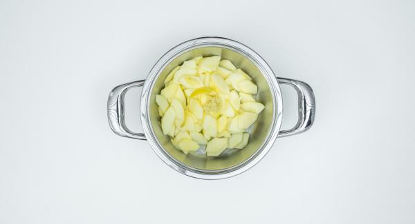 Put the apple slices, lemon peel, 2 tablespoons of lemon juice, ginger and apple juice in a pot.