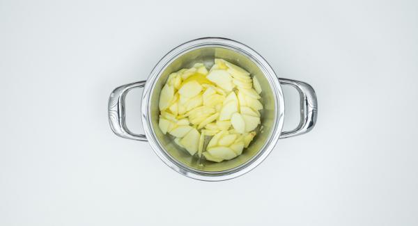 Put the apple slices, lemon peel, 2 tablespoons of lemon juice, ginger and apple juice in a pot.