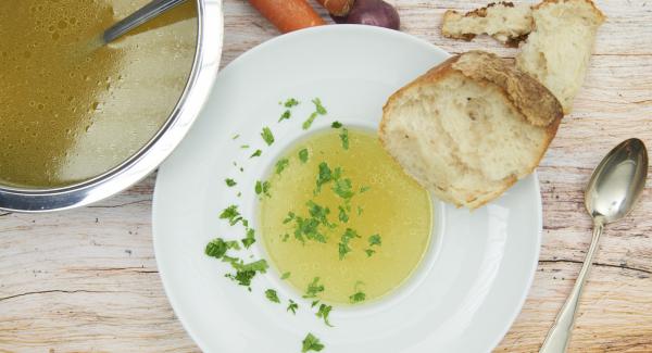 Continue using the broth according to the recipe and season to taste or let cool down and freeze packed in portions.