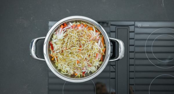 Pour in coconut milk and spread the sprouts over it. Switch the stove to highest level, heat up to the vegetable window, switch to low level and finish cooking with the Audiotherm for approx. 5 minutes.