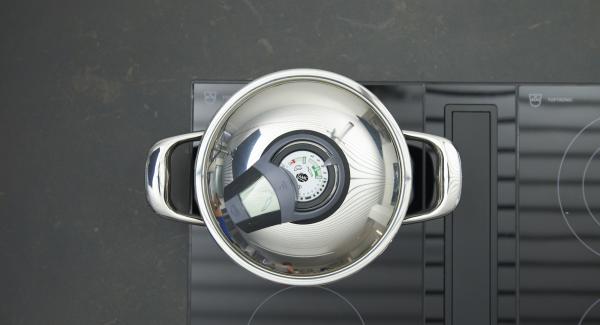 Place pot on stove and set it at highest level. Switch on Audiotherm, fit it on Visiotherm and turn it until the vegetable symbol appears.