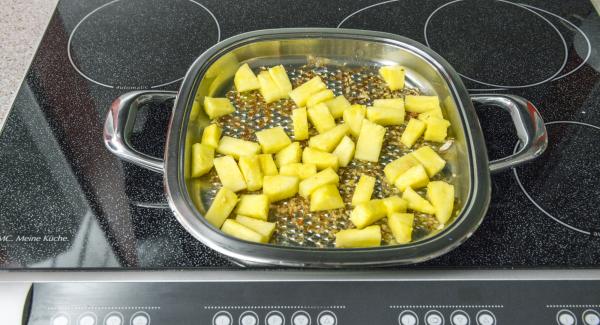 Shortly roast pineapple, remove, sprinkle with lime juice and add a little salt.