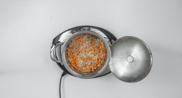 Add carrots, fill up with vegetable broth and stir well. Put on Secuquick softline and close. Switch Navigenio to "A", select time setting "P" (= 20 seconds) on the Audiotherm, place on Visiotherm and turn until the soft symbol appears.