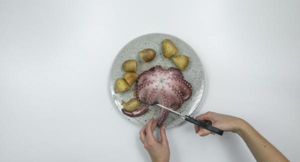 Remove the Secuquick, remove the squid and potatoes from the pot and drain. Cut the tentacles into pieces with a scissor. Cut the potatoes into bite-sized pieces with a knife. Remove the Secuquick, remove the squid and potatoes from the pot and drain. Cut the tentacles into pieces with a scissor. Cut the potatoes into bite-sized pieces with a knife.