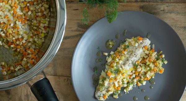 Char fillet on a vegetable vinaigrette