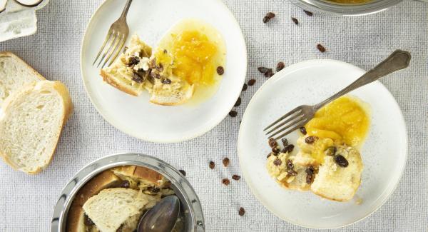 Bread pudding with apricot compote